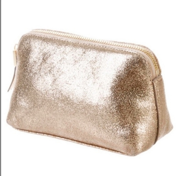 India Hicks Metallic Gold Leather Zip Top Cosmetic Accessory Pouch Clutch - Picture 3 of 16